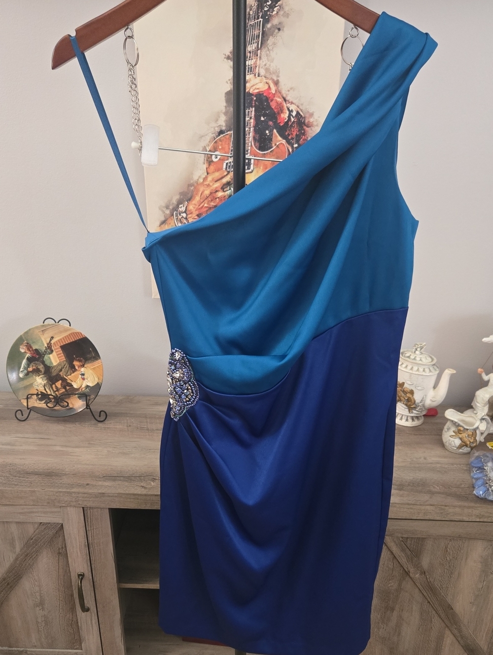 One-Shoulder Two-Tone Blue Cocktail Dress with Embellished Waist